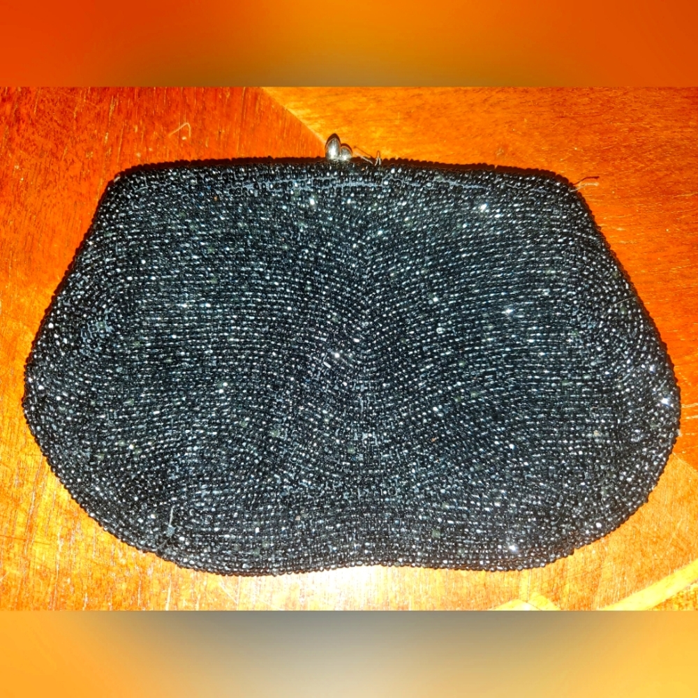 VINTAGE black glass beaded evening bag purse